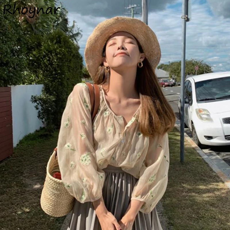 

Blouse Women Summer Embroidery Fashion Sun-protection Floral Casual Loose long sleeve Single Breasted Sweet Cozy Thin Ulzzang