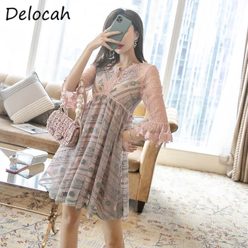 

Delocah Summer Fashion Runway Women Dress Flare Sleeve Gorgeous Lace Embroidery Ladies Elegan Fitted Short Dresses vestidos