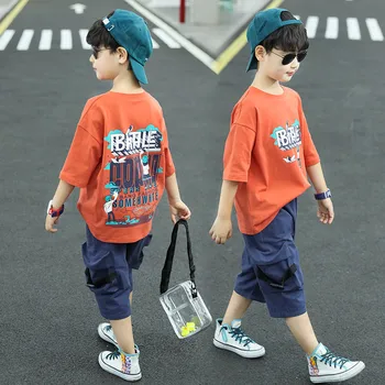 

2Pcs Children's Alphabet Print Solid Color Sets Children Clothing For Boys Clothes Suit Kids Boy Summer Fashion Street Suit