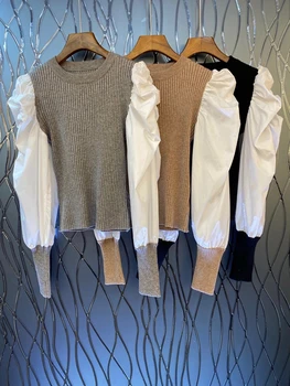 

2020 Early Autumn New Women's round Neck Sleeves Irregular Wrinkle Color Matching Long Sleeve Knitted Shirt 818