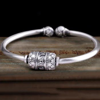 

Handmade 999 Silver Tibetan Six Words Beaded Bangle Pure Silver Buddhist OM Cuff Bracelet Real Silver Good Luck Women Bangle