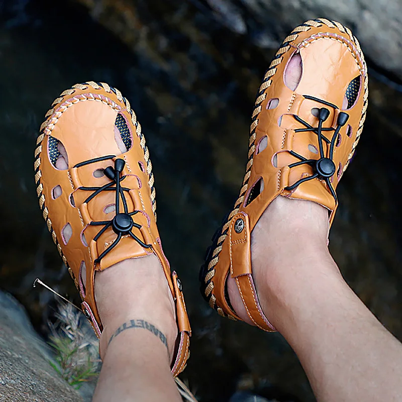 

Large Size 55-58 Men Sandals Leather Summer Brown Shoes For Men Slip-On Hollow Solid Sewing Casual Mans Footwear Nice Tides