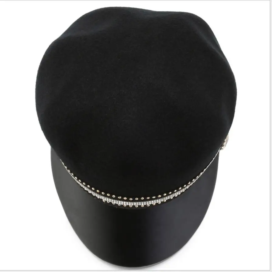 Herbst Winter Schwarz Wolle Military Berets für Frauen Weibliche Flache Armee Caps Salior Mädchen Reise Maler Hut – Detail 4