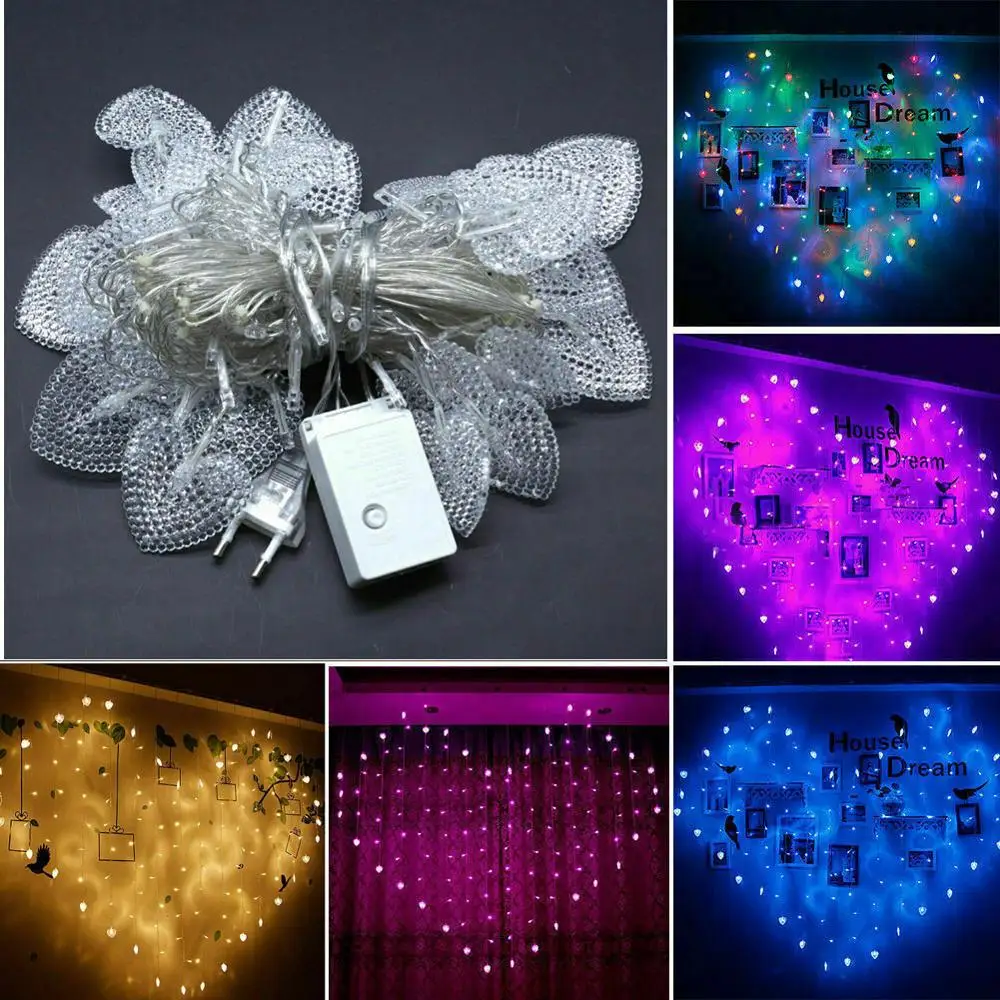 

2mx1.5m 128 LED Heart Shape Love Curtain Fairy String Light Garland Hanging Crystal Icicle for Wedding Party Decor EU Plug 220V