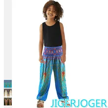 JIGERJOGER Thin summer peacock feather printed high rise thai's style Children's pants matching loose bloomers lounge beach pant
