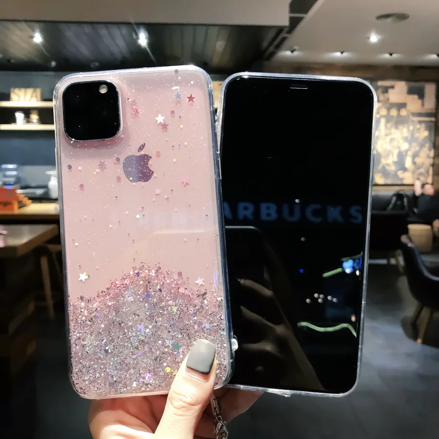 Мягкий чехол из ТПУ с блестящими звездами и блестками для iPhone 11 Por X Xr Xs Max 6 6s 7 8 Plus, чехол с ремешком на шею и цепочкой для переноски