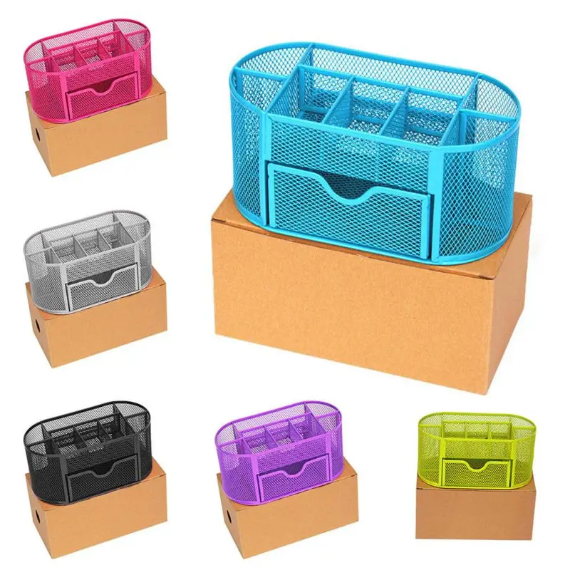 

9 Grids Multi-function Metal Mesh Desk Pen Pencil Holder Organizer Container Box