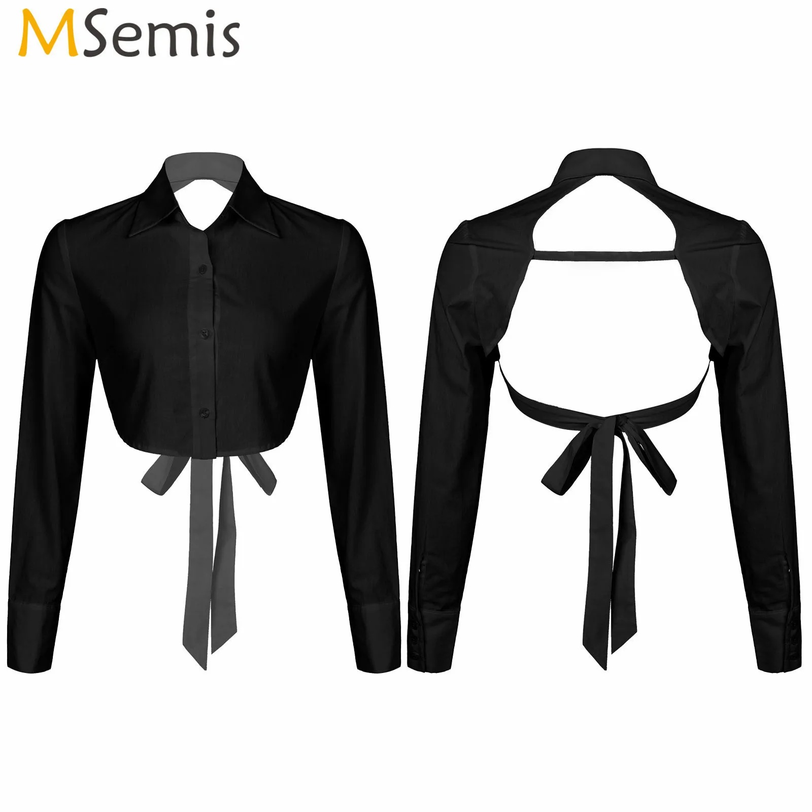 

Sexy Tops Backless Hollow Out Fitness Long Sleeve Short Crop Tops Turn-down Collar Camisoles Streetwear Black Lace up Crop Tops