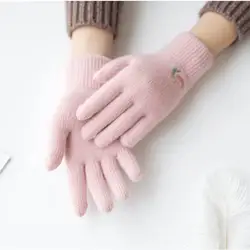 Женские зимние Элегантные вязаные перчатки с вышивкой, с сенсорным экраном, с пятью пальцами, с милой вышивкой фламинго, в горошек, теплые