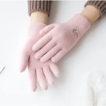 

Women's winter Elegant Knit Embroidery Touch Screen Gloves Five fingers lovely flamingo Embroidery Dotted warm Mitten E37