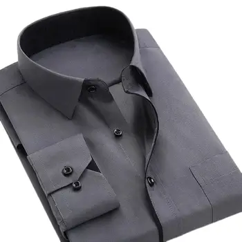 

Men Long Sleeve Solid Color Turn Down Collar Pocket Buttons Cotton Slim Shirt Men's solid colour button-down shirt