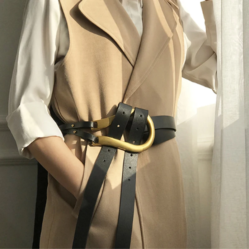 

new Luxury 100% Genuine Leather double Belts Metal U Buckle belt women girls retro vintage large belt