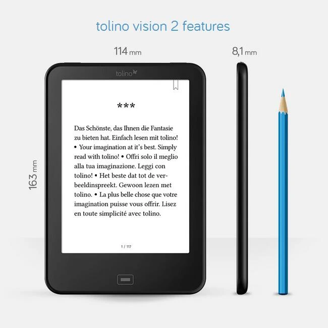 Tolino Vision 2 Tab2 Flip Page Black e book reader 6 inch e ink