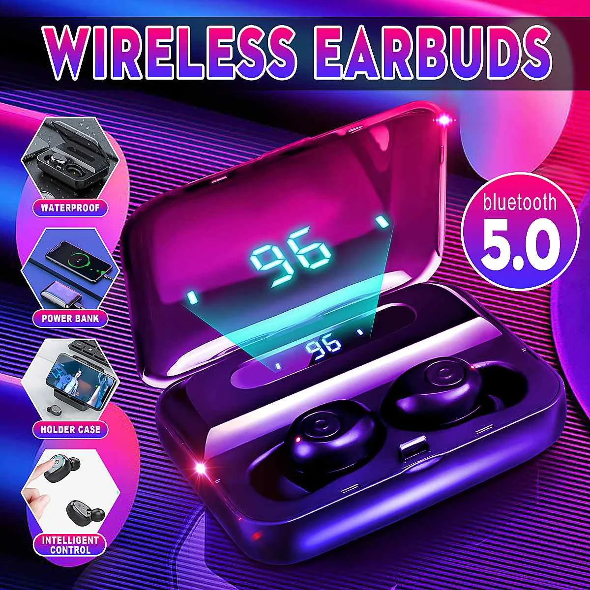 8D беспроводные bluetooth наушники HiFi мини-светильник смарт-наушники стерео водонепроницаемый светодиодный цифровой дисплей интеллектуальное управление