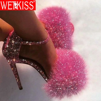 

WETKISS Fashion Glitter Heels Summer Shoes Women Buckle Stiletto Sandalen Open Toe Fluff Strappy Thin High Heels Fur Sandals