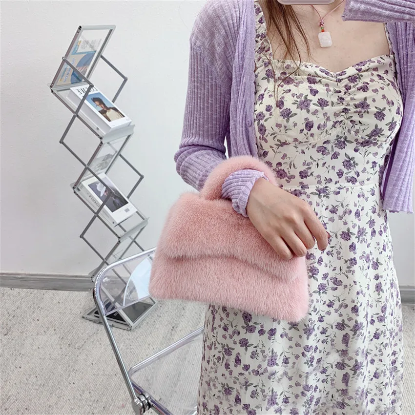 Female Mink Leather Solid Color Plush Casual Lady Handbag Shoulder Fashion Exquisite Shopping Bag_voghion.com