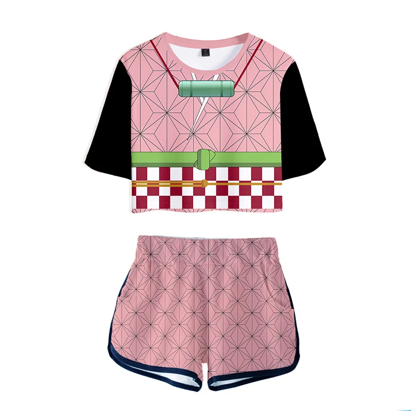 

Anime Demon Slayer Summer Girls Crop Tops Cosplay imetsu no Yaiba Tank Tops Short Sleeve T-shirt Shorts Sets Sports Suit