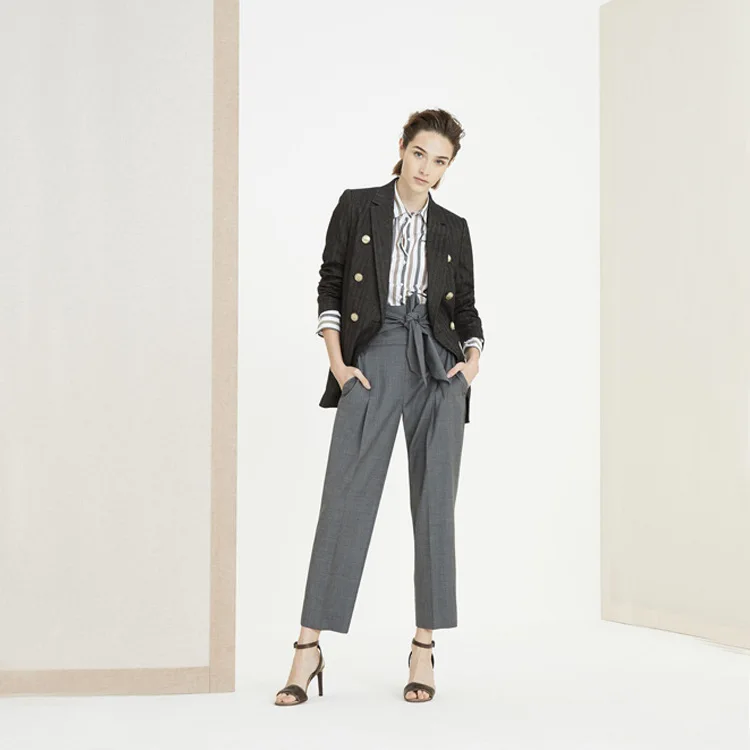 

19 Autumn New Style Western Style Herringbone Twill Button Metal Double Breasted Suit Wool Solid Color Set Women's