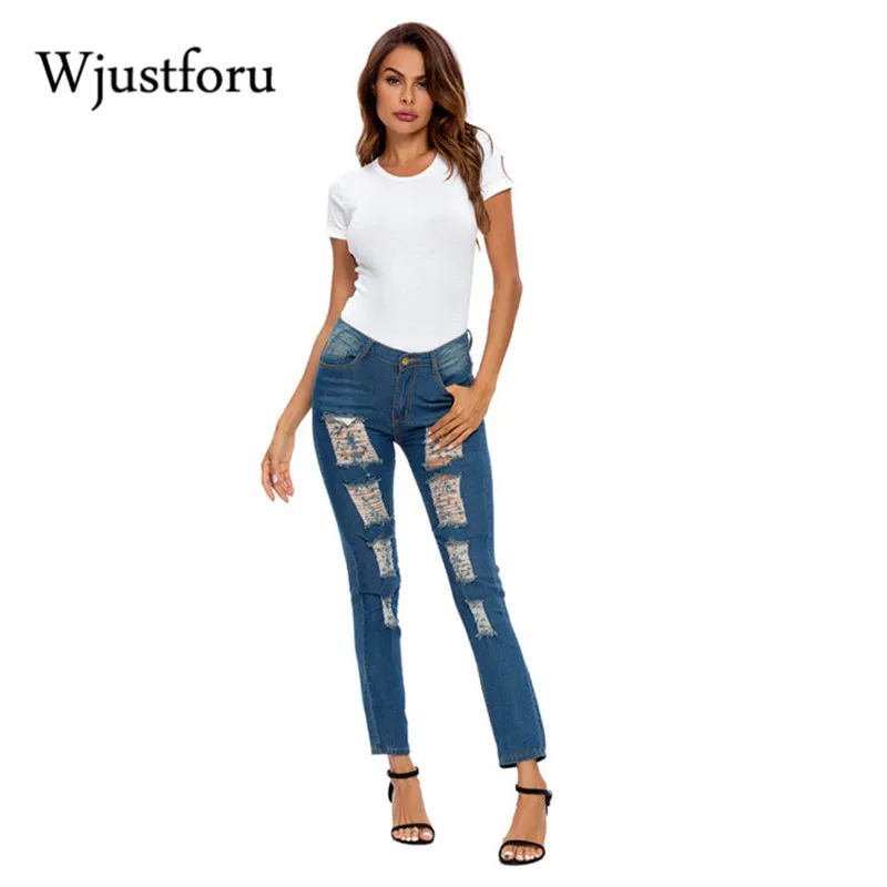 Wjustforu Bodycon Slim Hole Denim Pencil Pants For Women Casual Mid