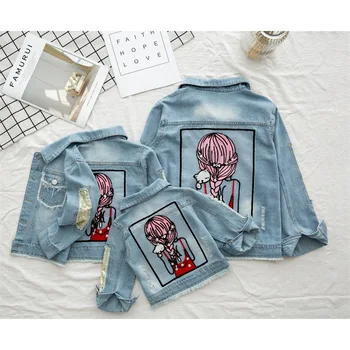 

Spring Girls Denim Jackets Child Cartoon Sequined Hot Drilling Holes Denim Coats Kids Autumn Girls Pocket Buttons Outwear 12-13Y