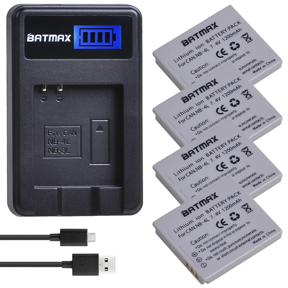 

4X 1200mAh NB-4L NB 4L NB4L Batteries + LCD USB Charger for Canon IXUS 50 55 60 65 80 75 100 I20 110 115 120 130 IS 117 220 225