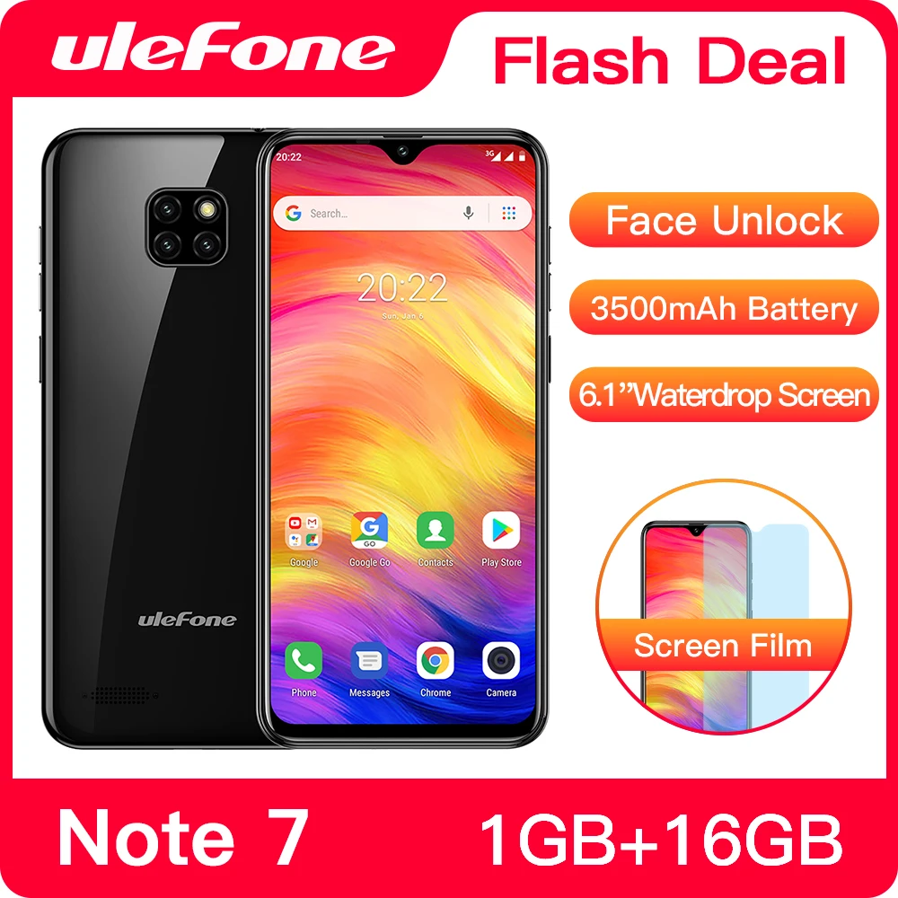 Сотовый телефон Ulefone Note 7 3500 мАч экран WaterDrop 6 1 дюйма 19:9 четырёхъядерный 16 ГБ ПЗУ WCDMA