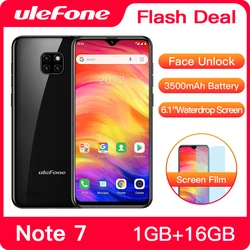 Сотовый телефон Ulefone Note 7, 3500 мАч, экран WaterDrop 6,1 дюйма 19:9, четырёхъядерный, 16 ГБ ПЗУ, WCDMA смартфон на базе Android 8.1