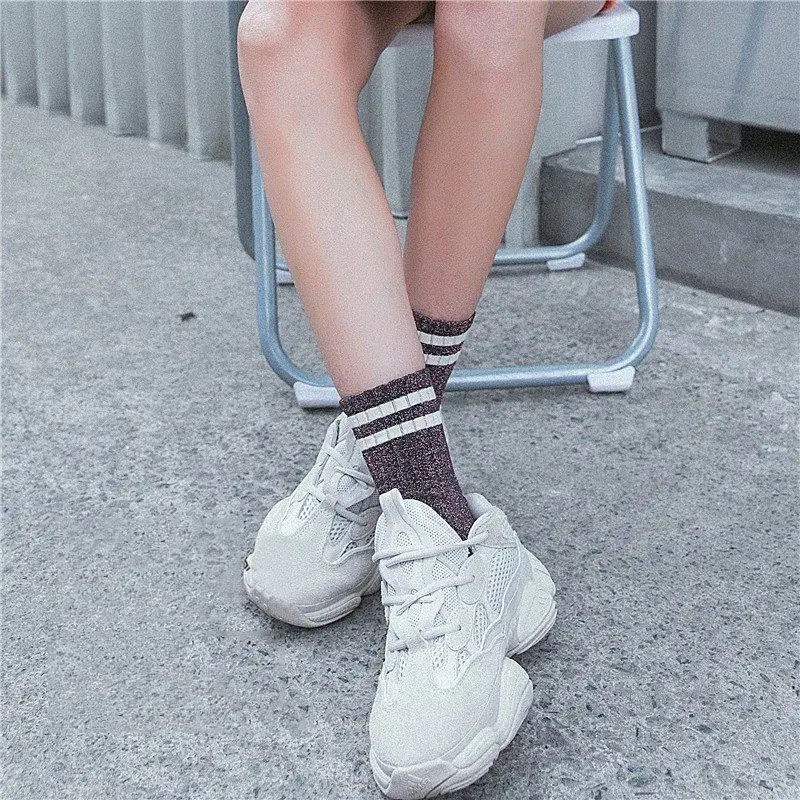 Cotton Polyester Winter Striped Glitter Women Socks Harajuku Shiny Girls Streetwear Funny Socks  Casual Striped Socks