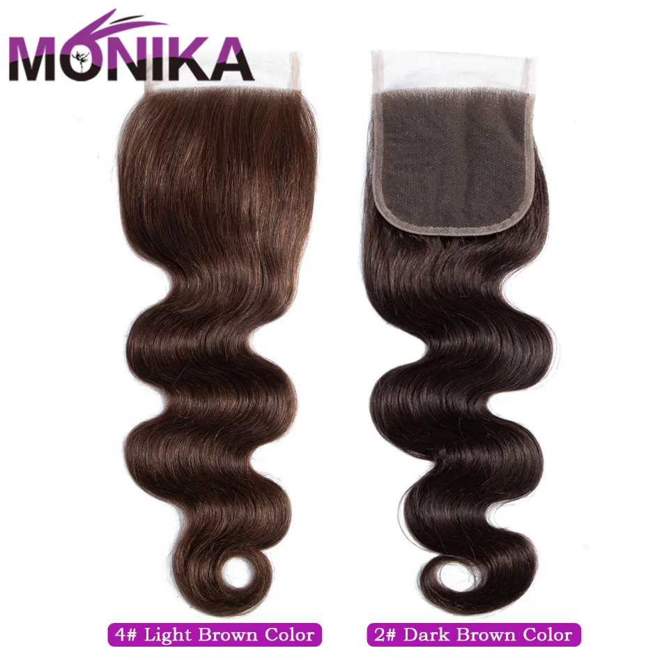 Зажимы для волос Monika 2 #4 # Коричневые Бразильские волосы с застежкой на голову 4x4