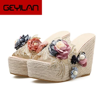 

Pearl Floral Wedge Slippers Women Summer Super High Heels Platform Sandals Woman 2020 Bohemian Beach Hemp Shoes Woman