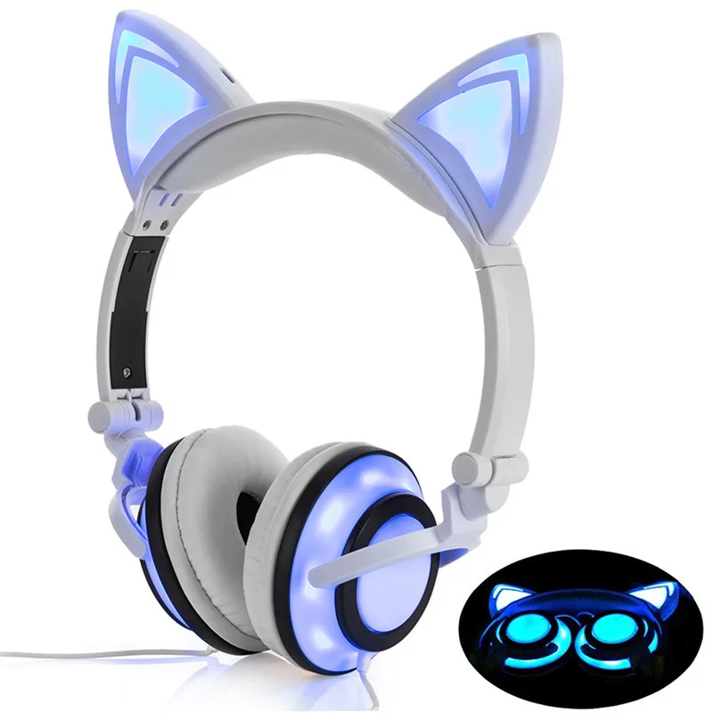 Cat Ear Wired Headphones Foldable Flashing Kids Gaming Headset Earphone With LED Light Earphone For PC Computer Mobile Phone