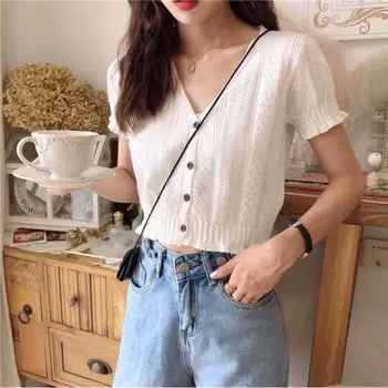 

2020 Hot Women Knitted Top Summer Soft Ice Silk Short Sleeve T-Shirts V Neck Button T shirts Women Knitted Crop Top Women Top
