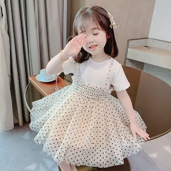 

White Summer Polka Dot Girl Chiffon Dress Short T Shirt Boutique Outfits Flower Girls Dress Princess Robe Enfant Clothes BW50DR