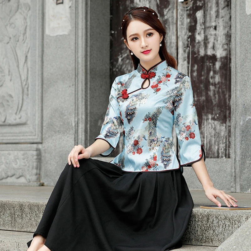 Традиционное Ципао рубашка Имитация шелк cheongsam колледж Ветер куртка Улучшенный ретро шелк Тан костюм Женская тонкая рубашка