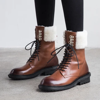 

Brand New high-quality Genuine Leather Skidproof Sole Shoelaces Keep Warm Plush Walking In The Snow Chic Women Shoes Boots
