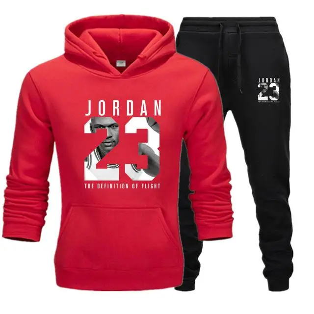 Новинка, модный брендовый спортивный костюм JORDAN 23, мужская спортивная одежда, комплект из двух предметов, хлопок, флис, Толстая Толстовка с капюшоном+ штаны, спортивный мужской костюм 3XL - Цвет: Red black12223