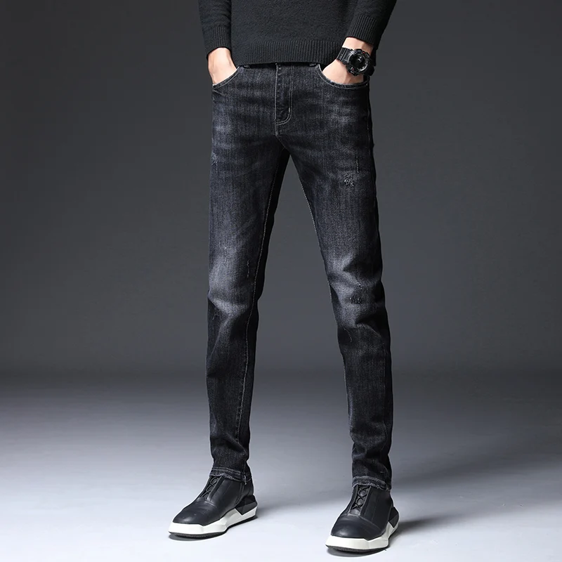 Джинсы мужские новые зимние эластичные черные мужские брюки для отдыха ремонт мужские брюки