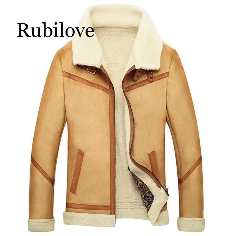 

Rubilove Men's Winter Faux Fur Coat Winter Outerwear Male Fleece Lined Leather Jacket Thick Cashmere Slim Warm Plus size 4XL