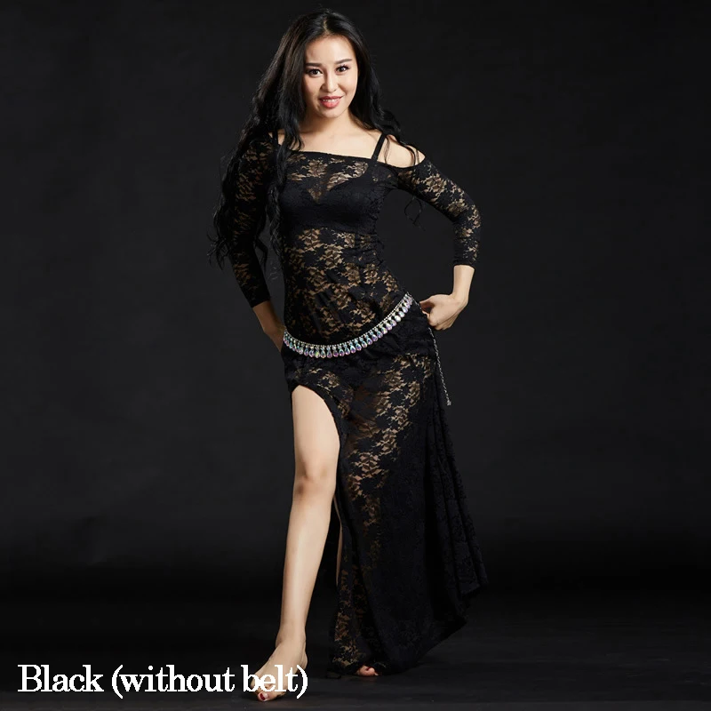 Black Новые женские платья для занятий танцами живота, кружевные костюмы для танца живота, женские костюмы для танца живота, одежда для выступлений, длинное платье с шортами - Цвет: Black