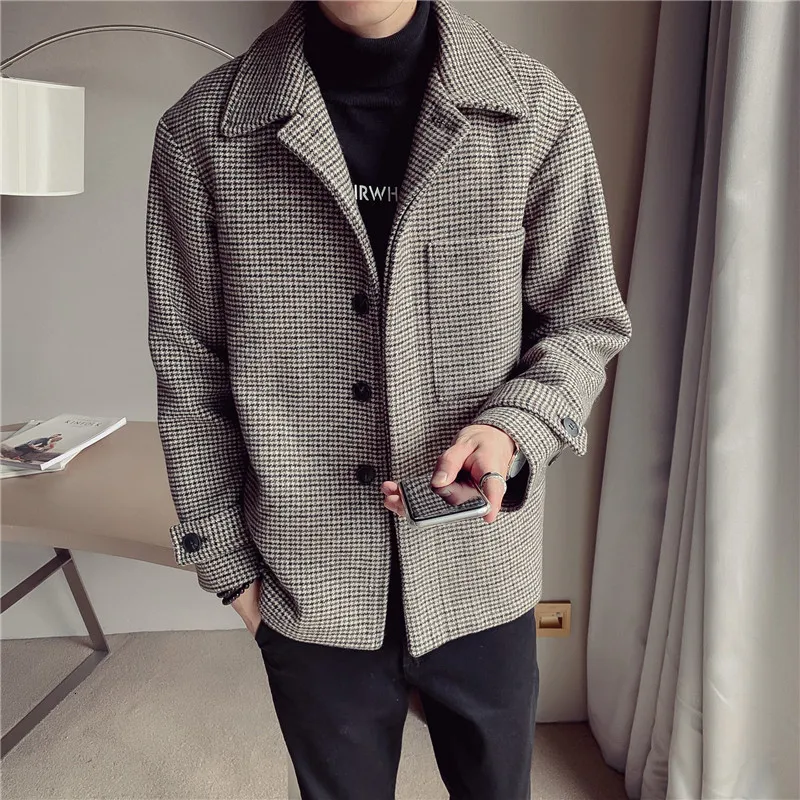 

Winter Woolen Coat Men's Fashion Retro Casual Tartan Woolen Jacket Men Wild Loose British Wind Jacket Man Overcoat M-3XL