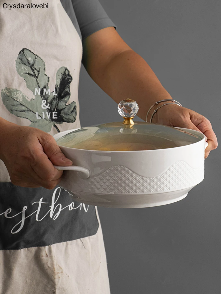 Ceramic Handle Salad Fruit Soup Bowl with Lid