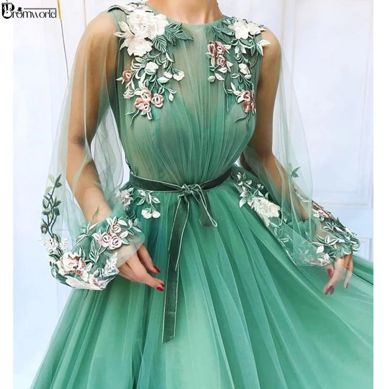 Иллюзионное Тюлевое ТРАПЕЦИЕВИДНОЕ Мятное зеленое платье для выпускного вечера с длинным рукавом с аппликацией в виде цветов vestidos de festa longo Формальное вечернее платье