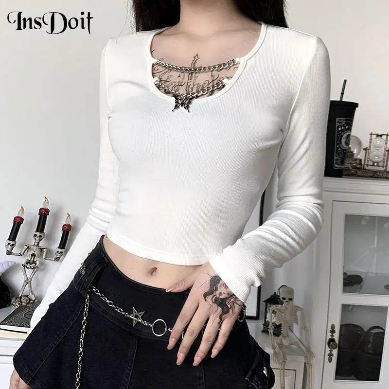 InsDoit панк Готическая белая футболка с длинным рукавом Harajuku бабочка кулон Bodycon