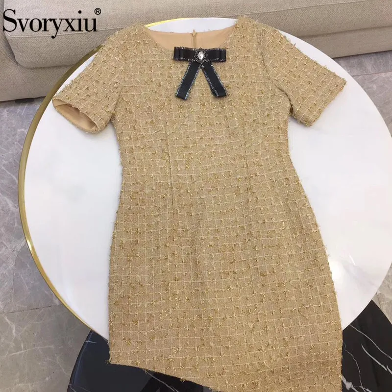 

Svoryxiu Designer Autumn Asymmetrical Dress Women's luxury Short Sleeve Gold Line Thread Weaving Tweed Dresses Vestdios