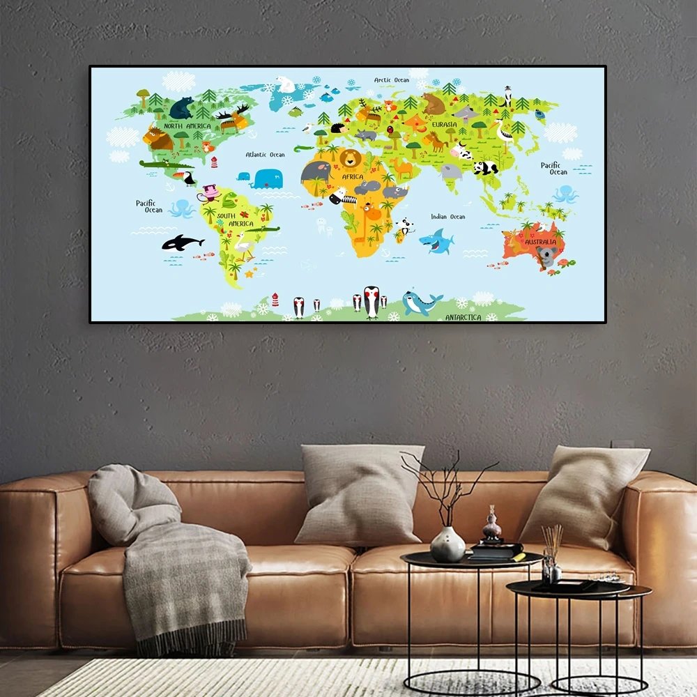 Citon Simple Animal World Map For Kids Canvas Oil Painting Artwork Poster Picture Wall Decor Modern Home Living room Decoration | Дом и сад