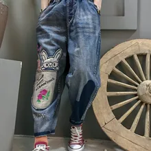 Весенние джинсы, женские Ретро свободные джинсовые штаны с эластичной талией, новые женские винтажные уличные брюки с вышивкой