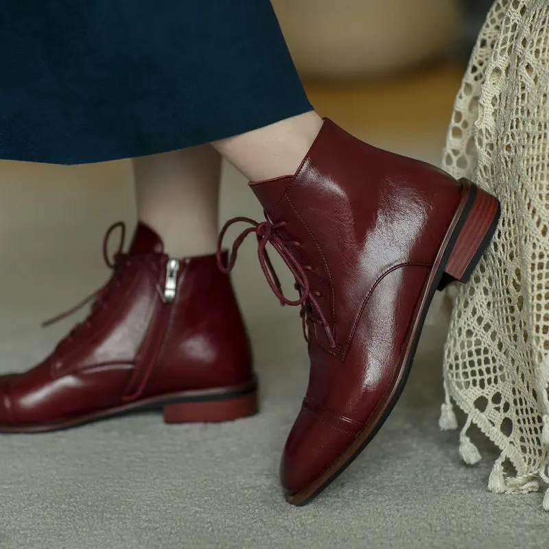 Fashion Red Boots High Quality Cow Leather Buckle Lace-up Round Toe Women's Shoes Handmade New Ankle Boots