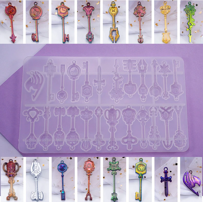 

1=24pcs keys Crystal Epoxy Resin Mold Tray Key Pendant Casting Silicone molds DIY Crafts Jewelry Making Tools Drop Shipping