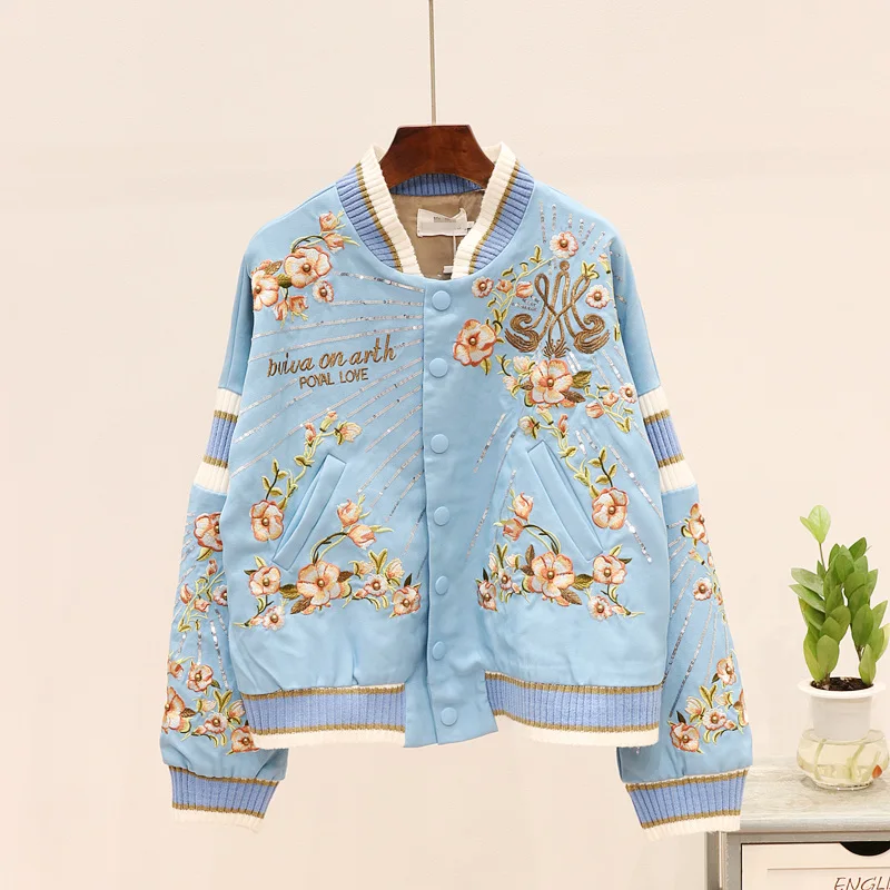 Sky Blue Светло-голубое бейсбольное пальто для женщин Осень Новая мода Супер горячая Распродажа Тяжелая вышитая блестками бисером короткое пальто девушка студентка - Цвет: Sky Blue