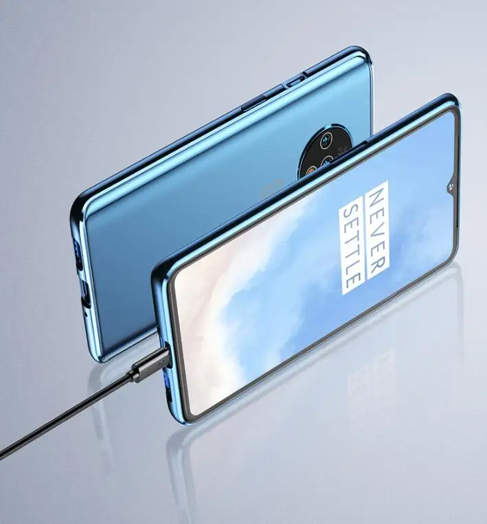 Небесно-голубой Магнитный чехол 360 для Oneplus 7 T, передний+ задний двухсторонний чехол из закаленного стекла для Oneplus 7T Pro, металлический бампер - Цвет: Небесно-голубой